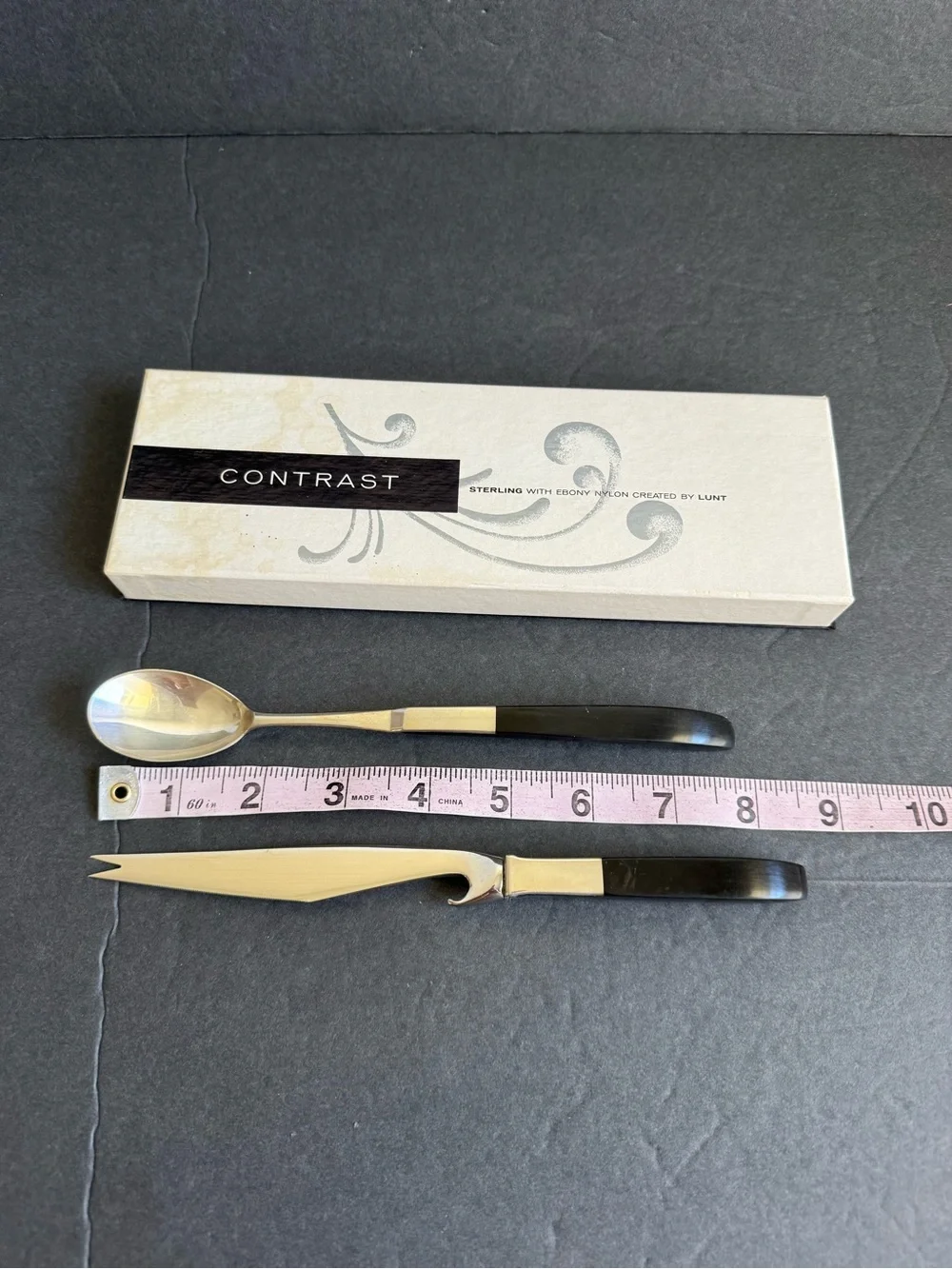 Vintage Lunt Sterling Silver Hostess Set Contrast Ebony Bar Knife Spoon  MCM